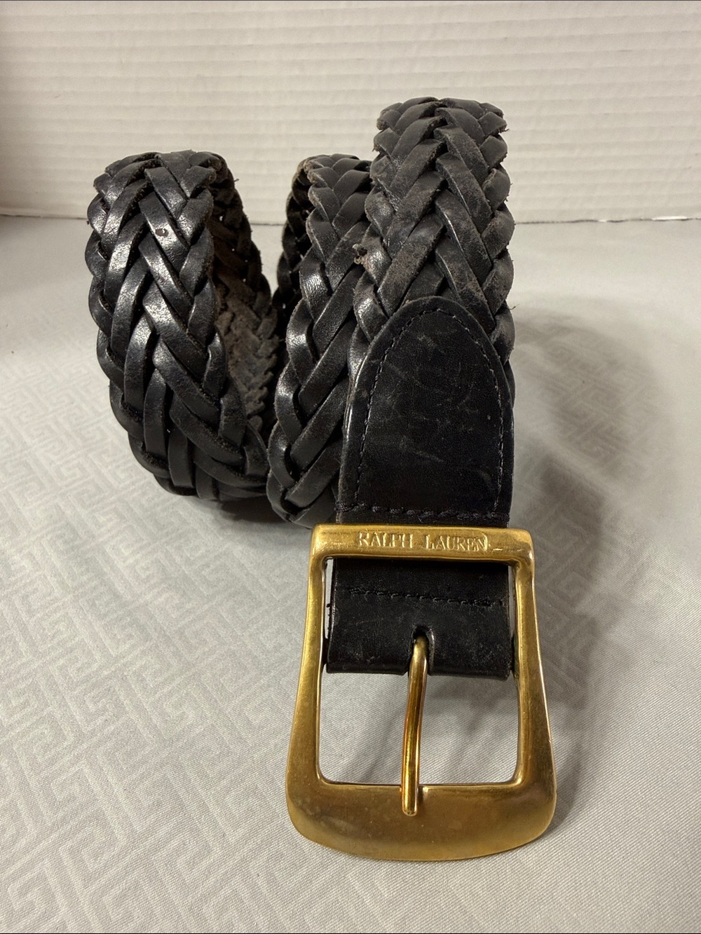 Vtg Ralph Lauren Black Braided Leather Belt Mens Sz L/XL Brass Buckle Argentina